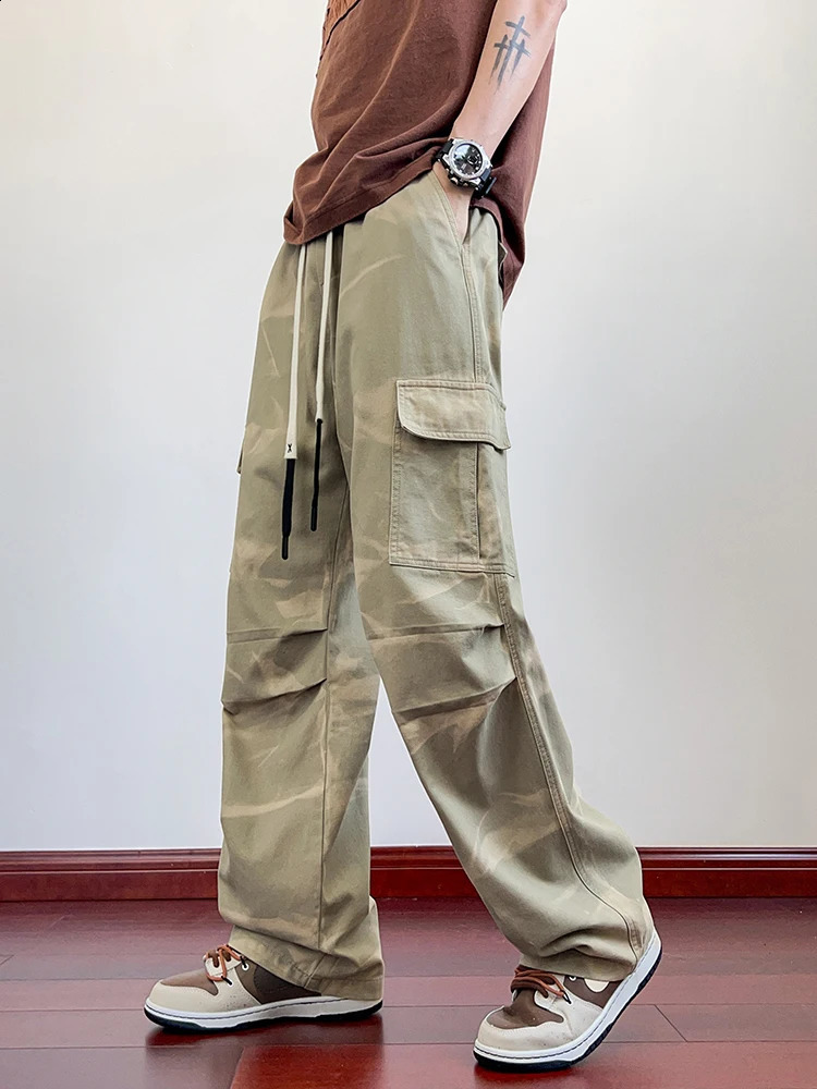Mens Camouflage Cargo Pants with 6 Pockets Street Style Washed Cotton Wide Leg Y2K Pants Straight Baggy Work Trousers 8XL 250528