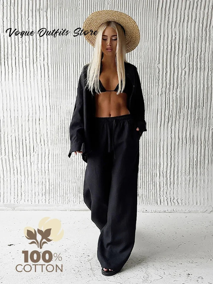 Casual Cotton Solid Women Pants Sets Lapel Single Breasted Loose Top Lace Up High Waist Wide Leg Pants 2025 Spring Lady Sets 250530