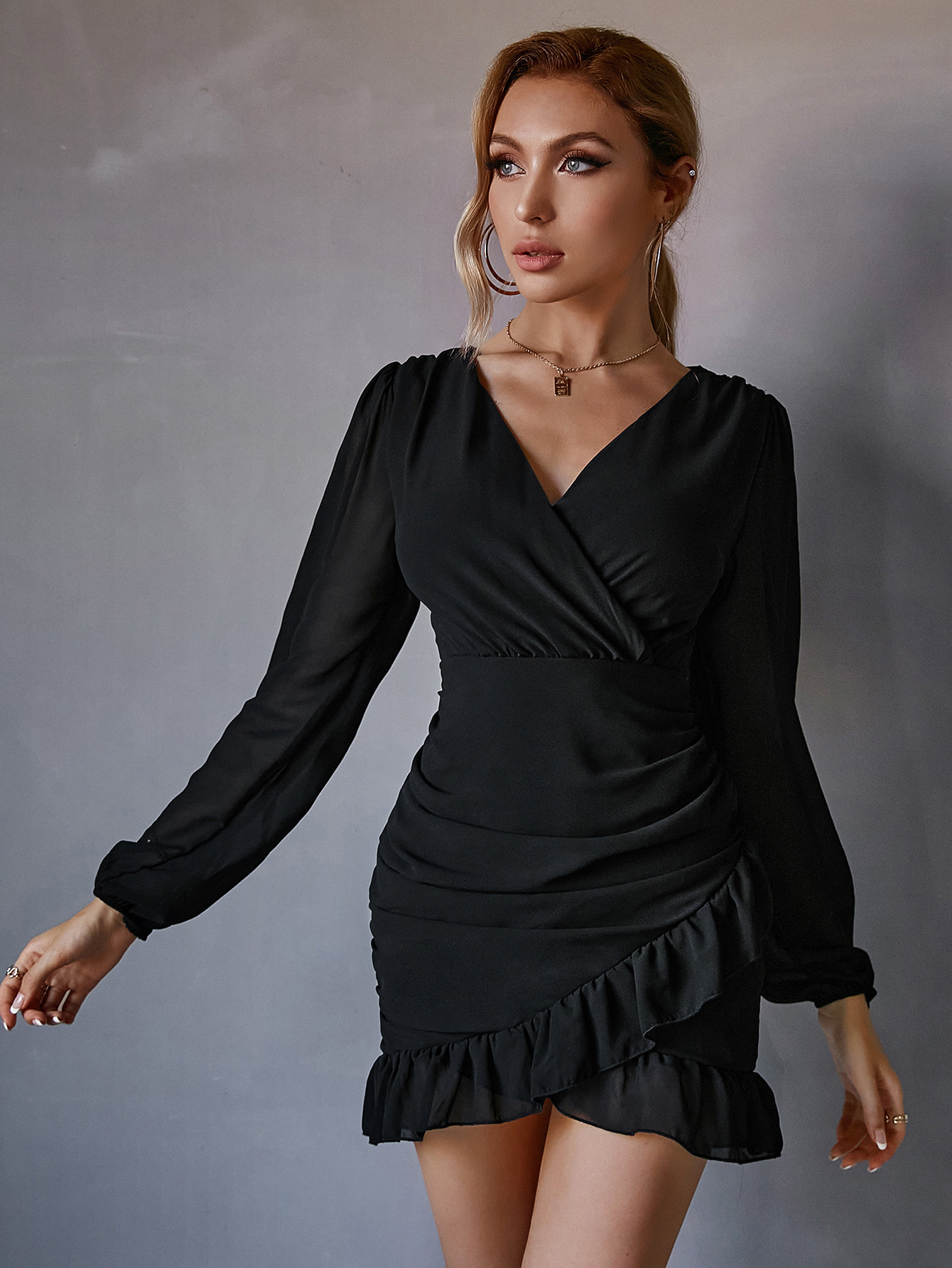 women's wear Women's V-neck Long Sleeve Sexy Multicolor Bodycon Ruffle Short Dress