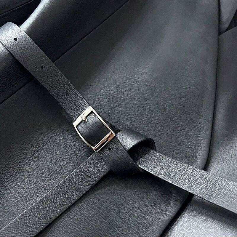 2023 Spring Women Clothing Elegant Female Genuine Leather Coat V- Neck Belt Jackets Streetwear Black Office Lady