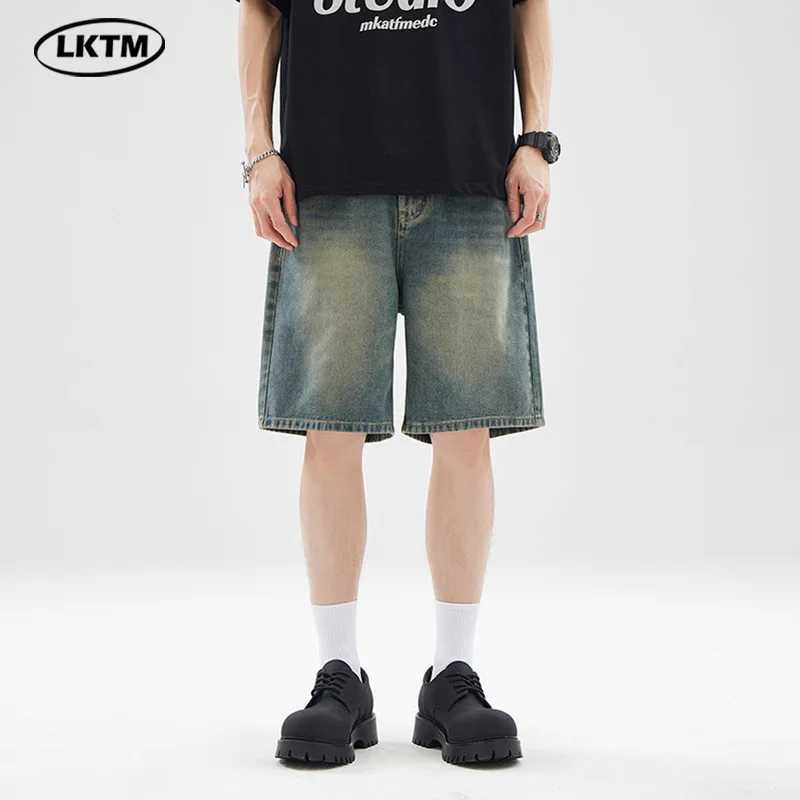 Men Denim Shorts Knee Length Shorts Zipper Fly Solid Mid Waist Pockets Loose Fit Casual Distressed Washed Summer Spliced T250603