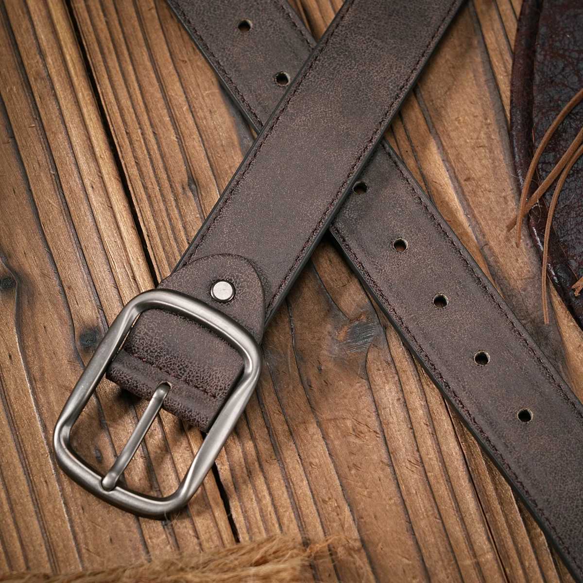 Men - Women - Western Denim - PU Leather - Belt - Vintage Jeans with Carved Buckle Brown Belt XJ250602