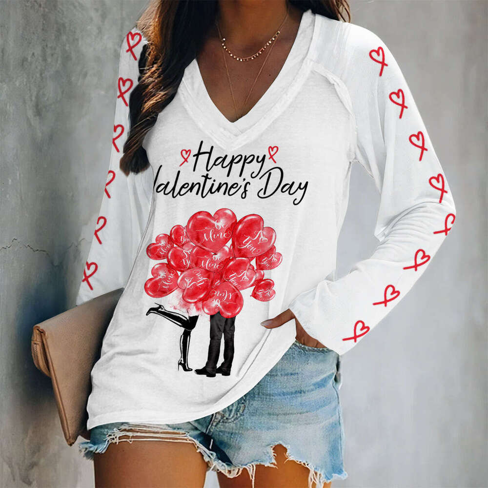 25 Year Valentine's Day Hot Spring Digital Print V-neck Long Sleeve Loose Women's T-shirt Wholesale New Casual Versatile Fashion Clothing