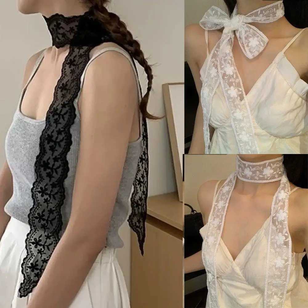 White Flower Lace Decorative Thin Scarf 150cm Skinny Scarf Women Y2K Long Narrow Lace Hollow Scarf Vintage Lace Trim Headband W250602
