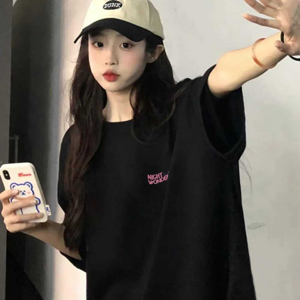 Black Cotton Short-Sleeved T-Shirt for Girls in Summer 2025 New Loose Half-Sleeved Top T250603