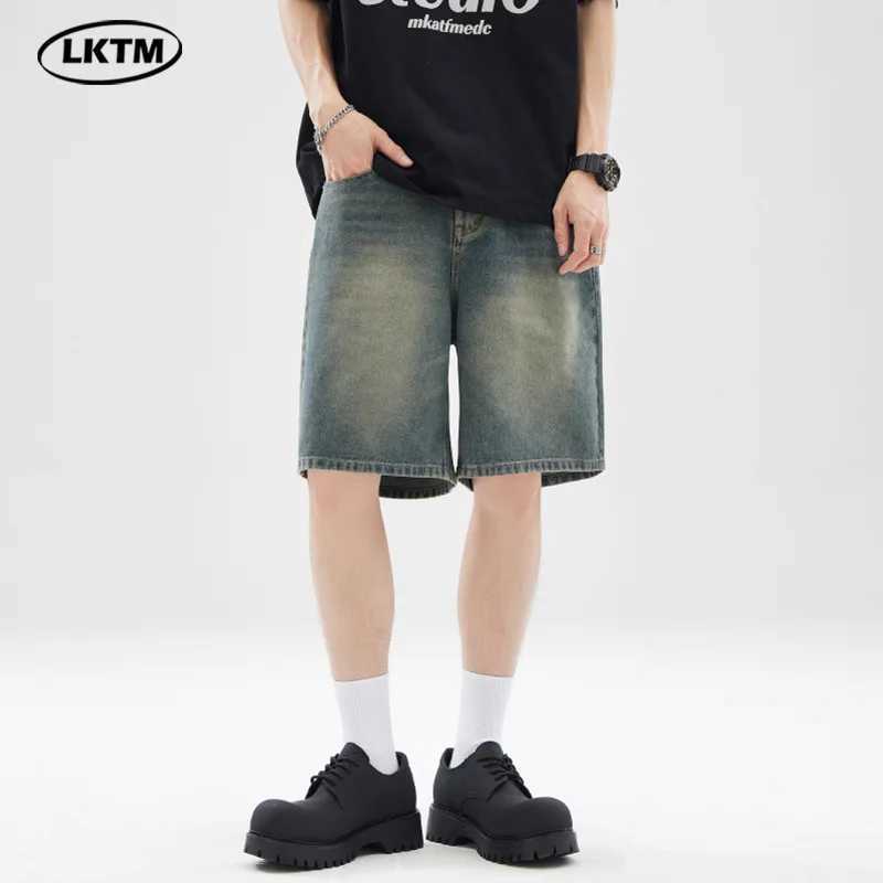 Men Denim Shorts Knee Length Shorts Zipper Fly Solid Mid Waist Pockets Loose Fit Casual Distressed Washed Summer Spliced T250603