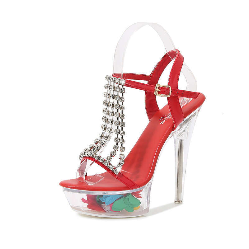 Super High Heels Runway Sexy Crystal Super High Heels Sandals Transparent Flower Waterproof Platform Chain Tassel Rhinestone Women's Shoes Platfo