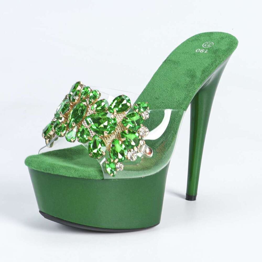 Super High Heels 8661-Q54 Runway Stiletto Sexy Waterproof Platform 15Cm Extreme High Heels Rhinestone Slippers Platform High Heels