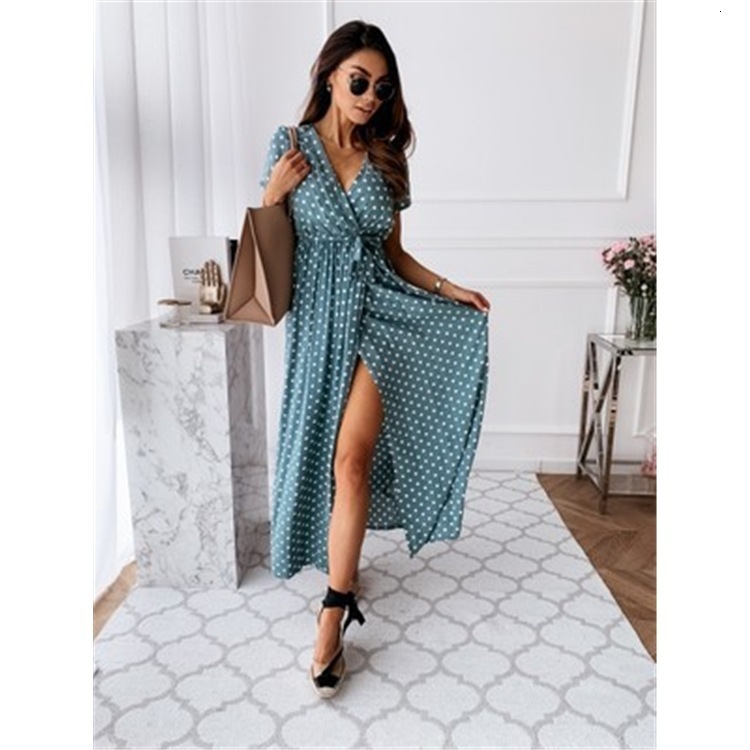 women's wear Summer Short Sleeve V-neck Bohemian Polka Dot Print Long Dress
