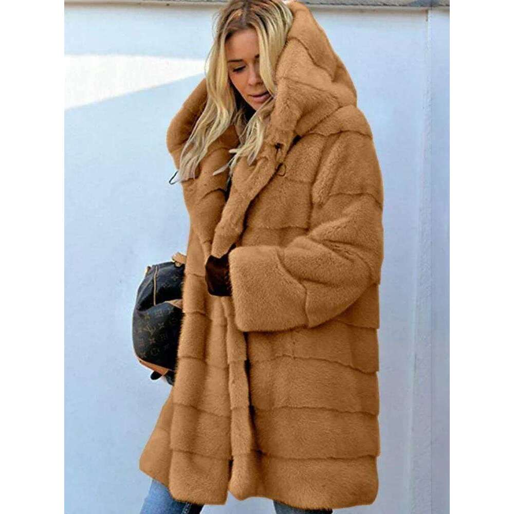 2025Medium Length Solid Color Loose Plush Hoodie Warm Coat Autumn and Faux Fur Winter Jacket Women's Large