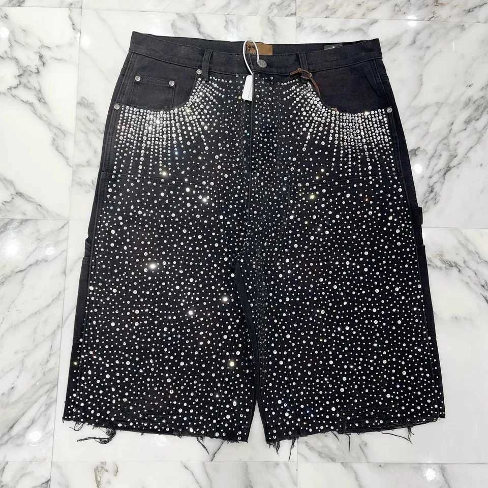 Y2K Jean Hip Hop Loose Denim Street Fashion Men Casual Basketball Shorts Retro Rhinestone Sequin Denim Short Fitness Trend Short T250603