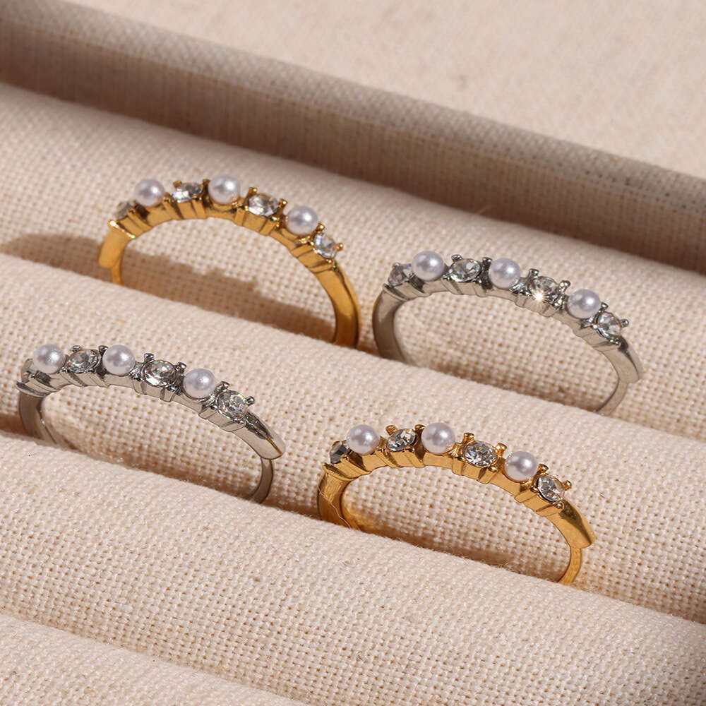 oumika stainless zircon niche shell pearl trendy titanium steel nonfading stackable index finger ring