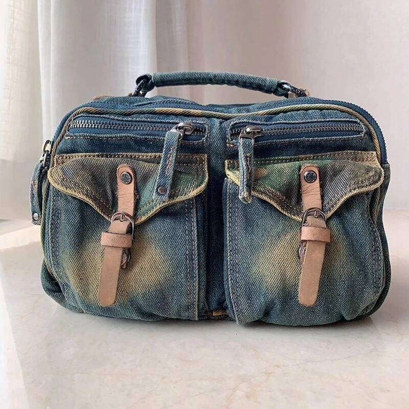 WOONAM Fashion Denim Canvas Genuine Calf Leather Trim Multi Pocket Duffle Handbag Women Top Handle Purse Wb240226