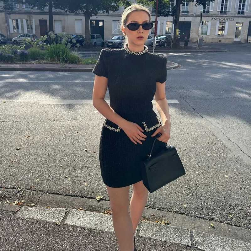White Shoulder Pad Short Sleeve Party Dress Womens Elegant Tweed A-line O-neck Patchwork Black Evening Dresses Birthday 250529
