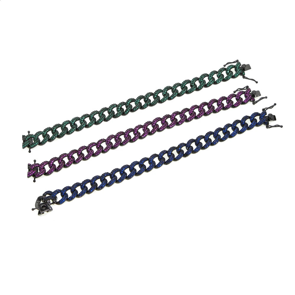 Women Hip Hop Colorful Cz Cuban Chain Bracelet 10mm Width Blue Red Green Cubic Zirconia Cuban Chain Bracelet Bangle For Women 250530