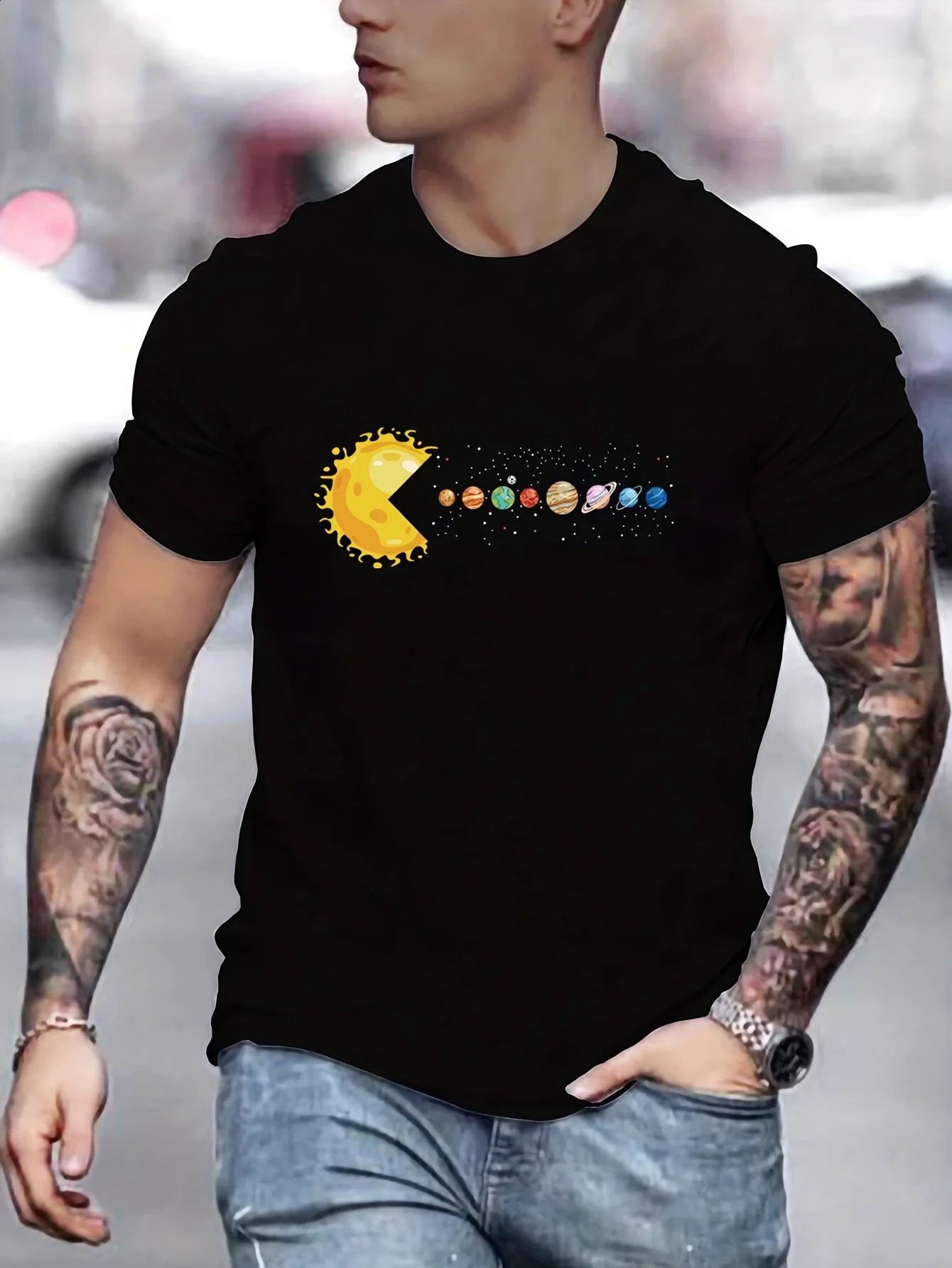 Mens 100% pure cotton summer loose and comfortable casual solar system Planets printed round neck short sleeved T-shirt top 250530