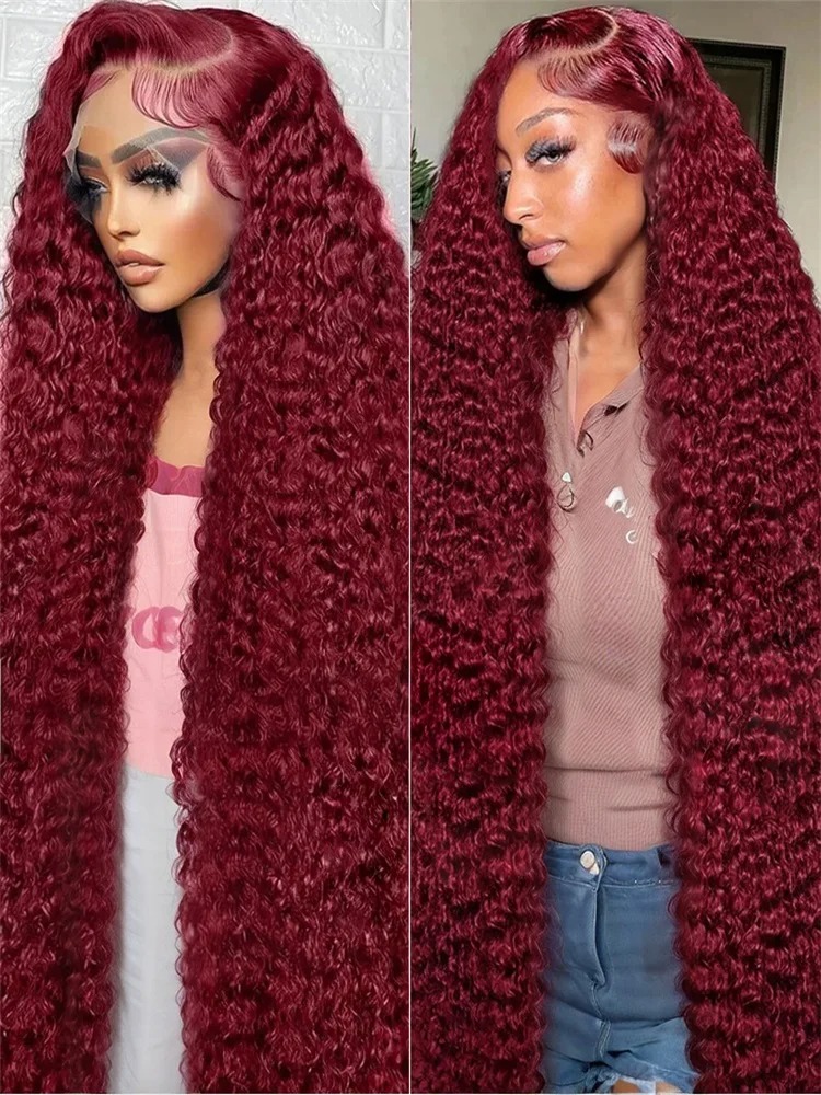 Deep Wave 99J Burgundy 13x6 Lace Frontal Wig Human Hair 13x4 Curly 30 36 Inch HD Transparent Lace Front Wigs Brazilian Red Synthetic