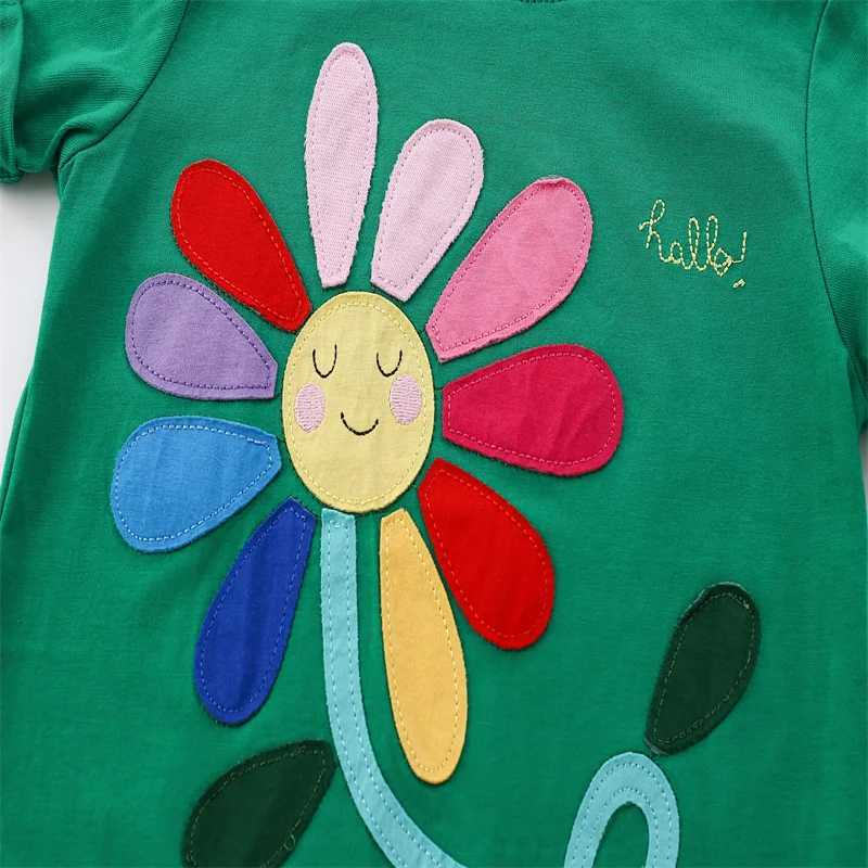 Jumping Meters 2-7T Floral Applique Summer Girls T Shirts Short Sleeve Kids Tees Tops Baby Costume Childrens Clothes Shirts T250603