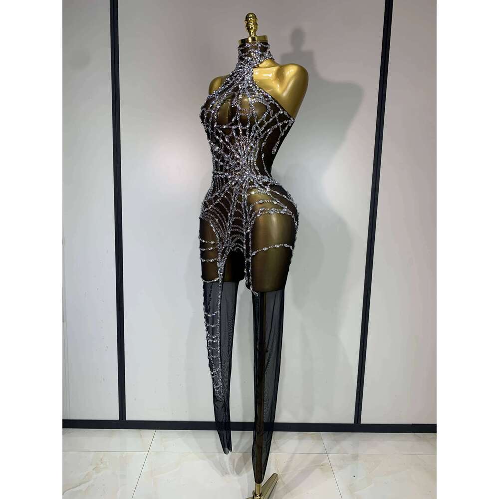 STOCK Sparkly Dia Women Sexy Mesh Jumpsuit Nightclub Bar Party Show Gogo Dancer Clothing Drag Queen Outfit Stage Costume