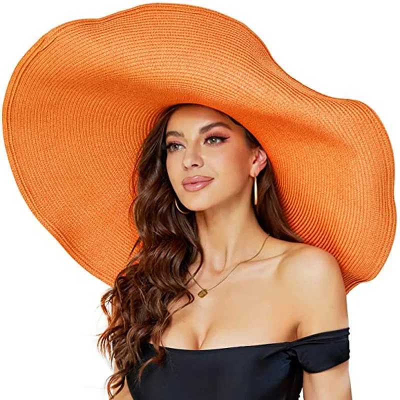 Oversized 70cm Beach Straw Hat for Women Fashion Large Wide Brim Visor Hats Handmade Roll Up Floppy Sun Hat for Summer Beach Cap W250602