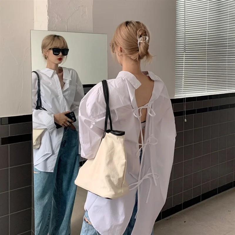 Back Lace Up White Shirts Women Camisas De Mujer Loose Lazy Two Wear Wild Blusas Moda Casual Top Simple 250603