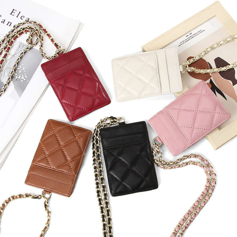 Sheepskin Women's Fashionable Compact Lightweight ID Chain Neck Hanging Multi-Card Slot Badge Business Card Holder