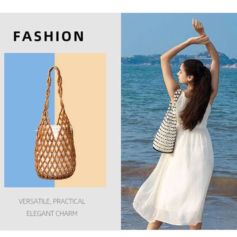 Women Woven Hand Exquisite Design Hollow-out Wooden Bead Tote Bucket Shoulder Bag Female Summer Beach Handbag