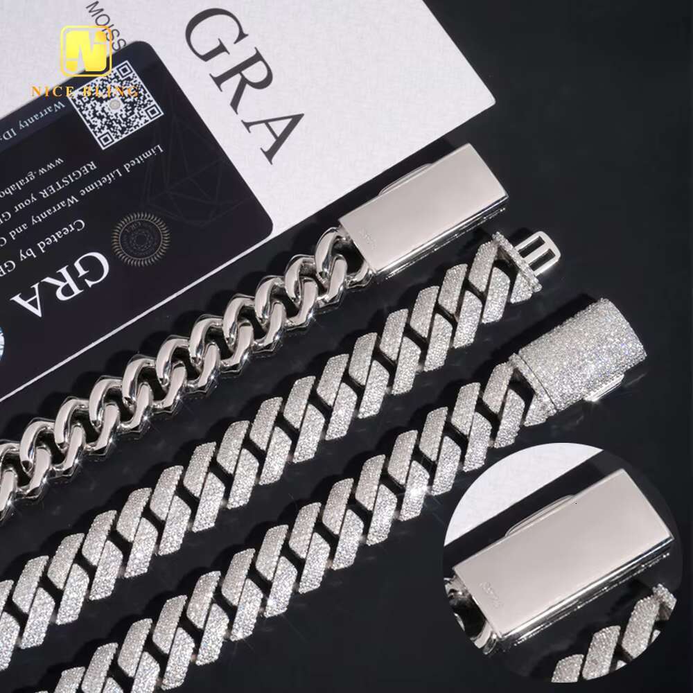High Quality 15mm Hip Hop Jewelry Necklace Iced Out Diamond Custom Cuban Link Chain 925 Silver VVS Moissanite Chain Necklace