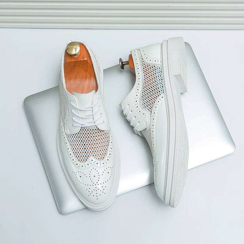 New Fashion Men Oxfords Genuine Patent Leather Formal Business Breathable Dress Shoes Hollow Mesh Out Flats