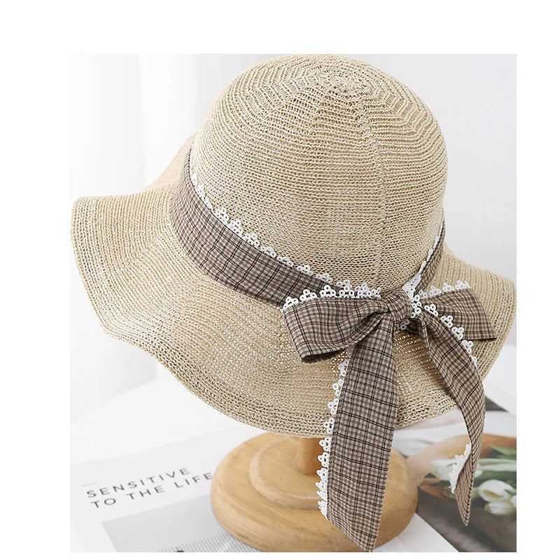 Summer Sun Hat Womens Wave-edge Fisherman Hat Breathable Knitted Wide Brim With Dot Bow Ribbon Beach Accessories For Outdoor W250602