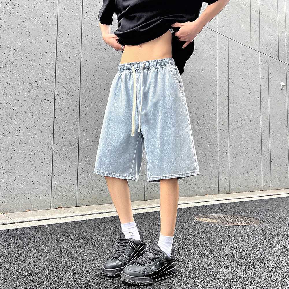 Loose Straight Mens Denim Shorts Summer Fashion Drawstring Design Short Jeans New Streetwear Jogging Solid Color Shorts Men T250603