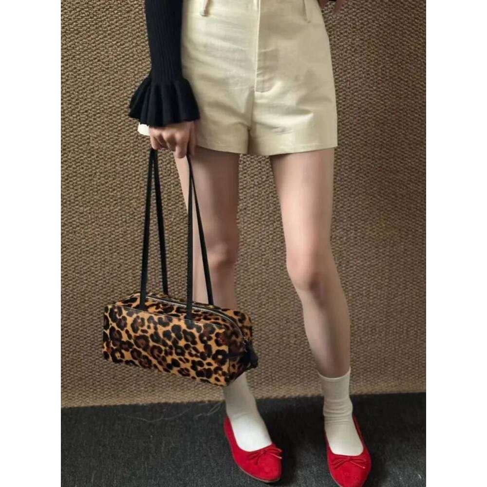 Office Women Genuine Leopar Fashion Classic Shoulder Zipper Softshell Suede Leather Large Capacity Commuting Underarm