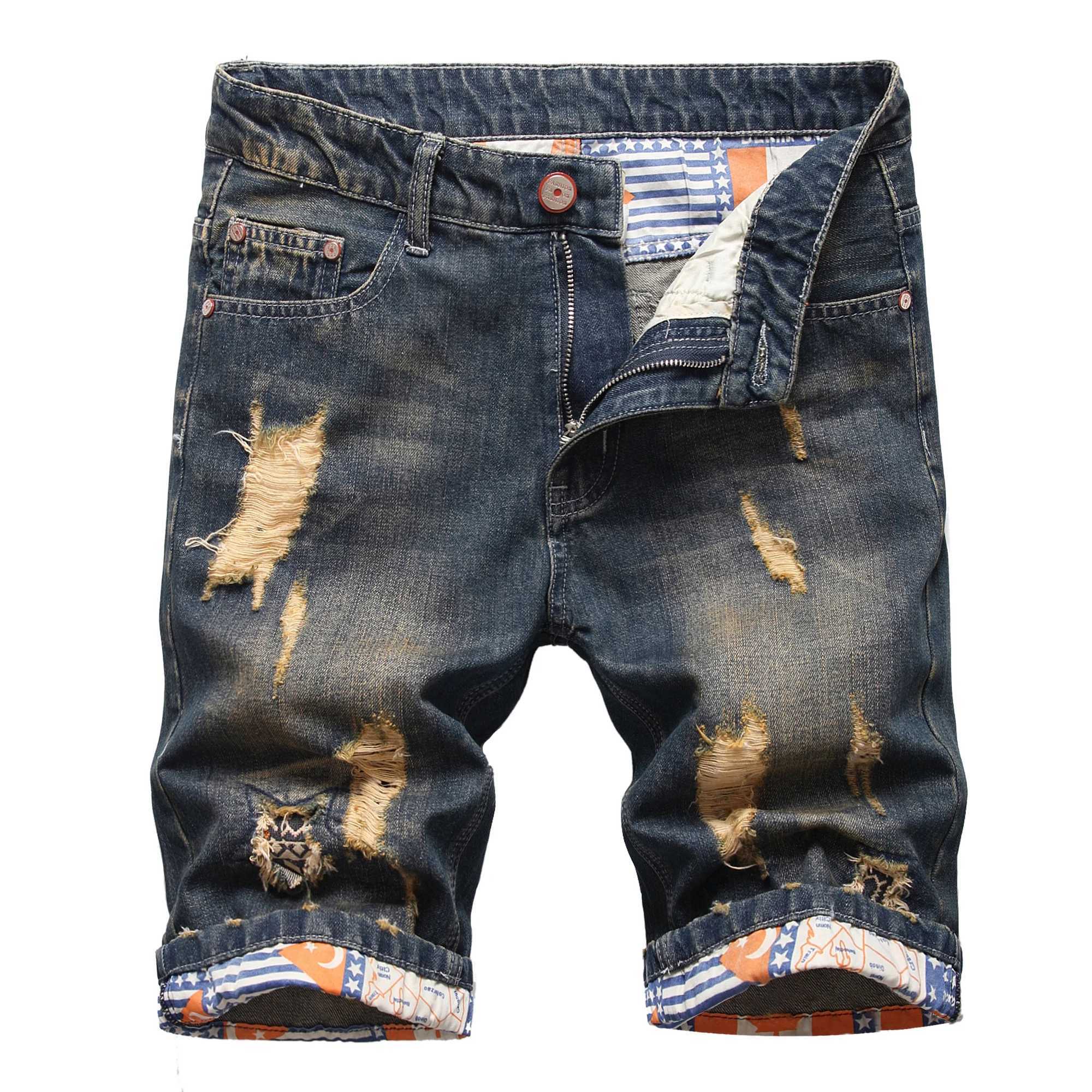 Personalized Ripped Denim Shorts for Men Retro and Nostalgic Hip-hop High Street Stretch Straight Fashion Short Jeans Male T250603