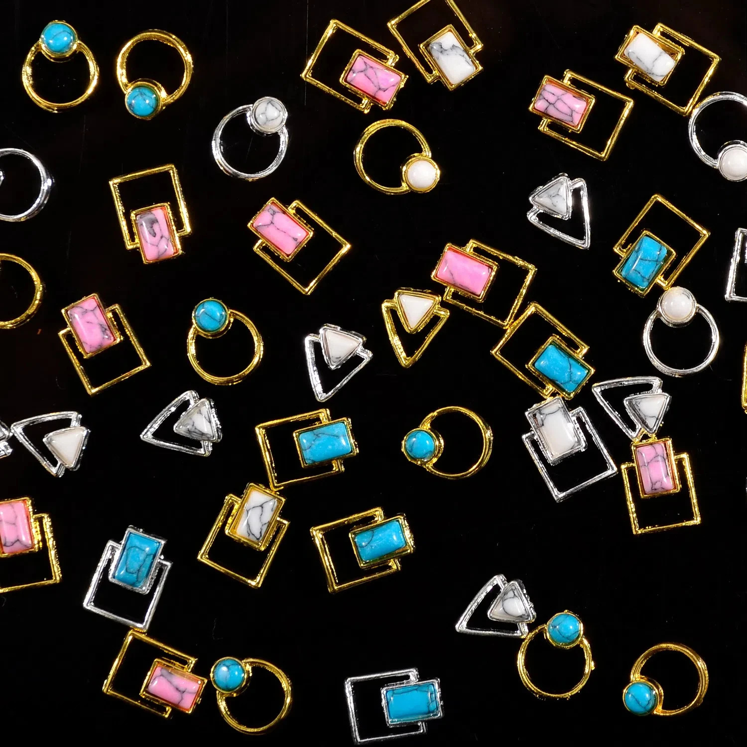 50pcs Style Alloy Turquoise Inlaid Nail Jewelry Rectangle Round Triangle Shaped Metal Rimmed Nail Gems for Nail Art charms 250528