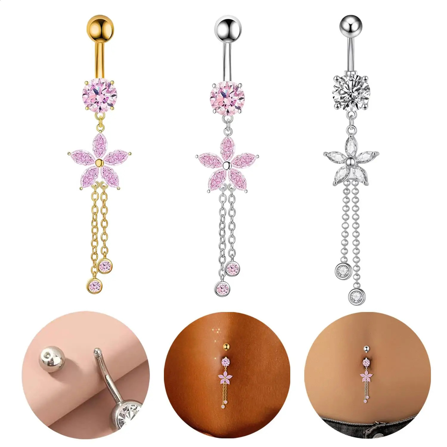 16G Stainless Steel CZ Dangle Belly Button Piercing Flower Tassels Navel Ring Dangling Women Navel Piercing Rings Body Jewelry 250530