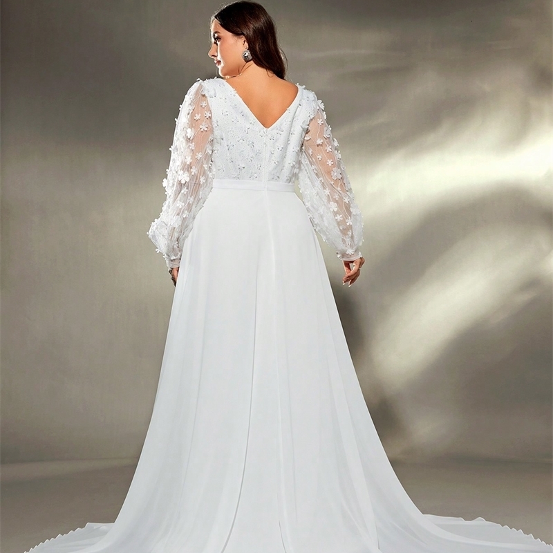 Mgiacy plus size Vneck threedimensional embroidery chiffon train wedding dress Evening gown Ball Party 250519