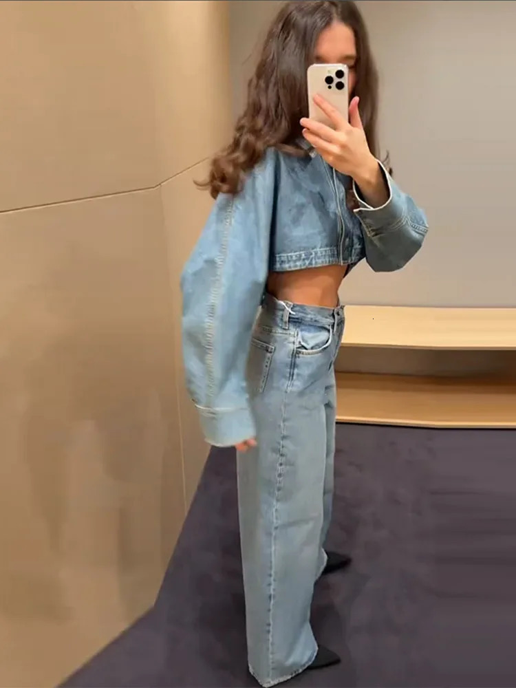 Street Fashion Denim Short Jacket Pants Sets Women Long Sleeve Lapel Blue Cropped Coat Wide Leg Trousers Spring Lady Suits 250603