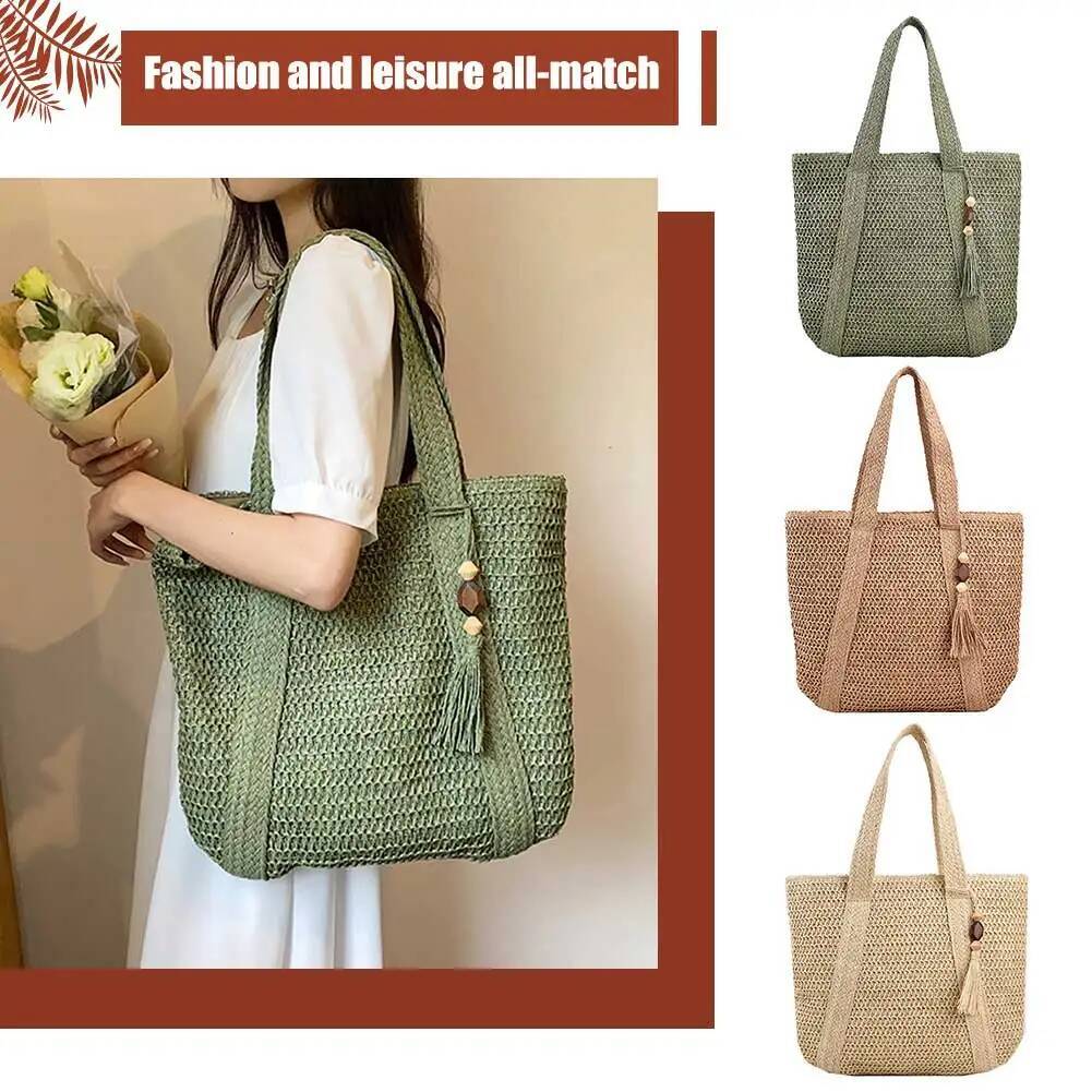 2025 New Handmade Woven Handbag Summer Designer Women's Woven Bag Fashion Handmade Simple Large Capacity Tassel Pendant Shopping Handbag Handbag 