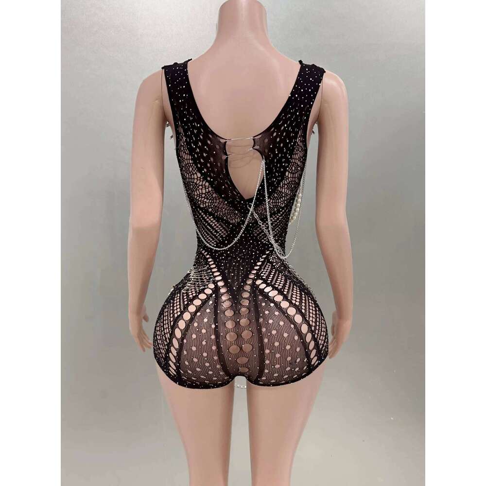 Sexy See-Through Bodysuit Dancer Performance Costume Nightclub Bar Singer Birthday Evening Party Black Sheath Mini Dress