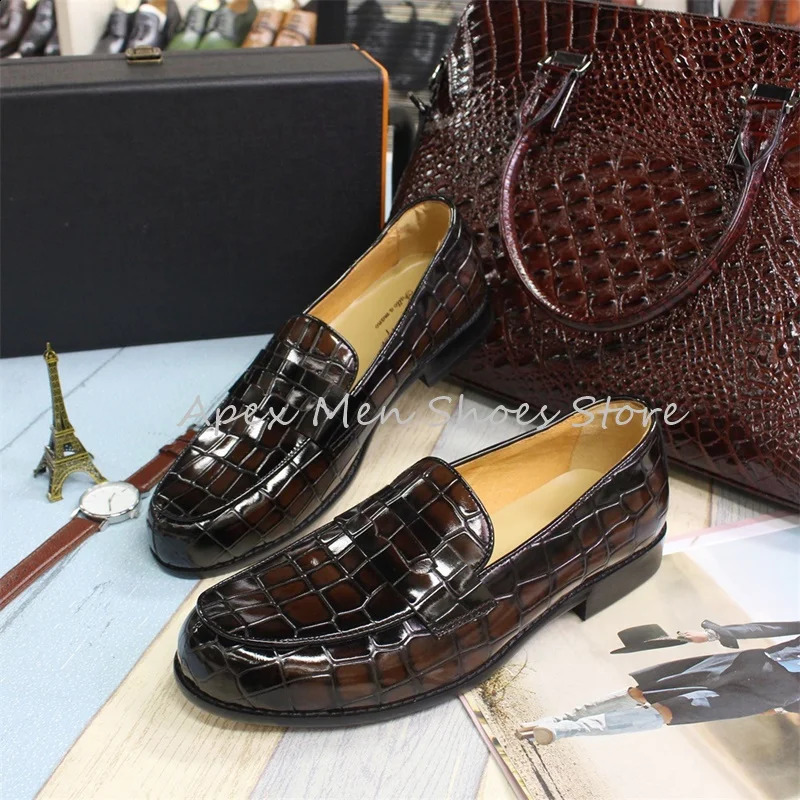 Vintage Pattern Cowhide Leather Loafers Blue Slip On Round Toe Dress Shoes Business Mens Casual Shiny Derby Shoes 250526