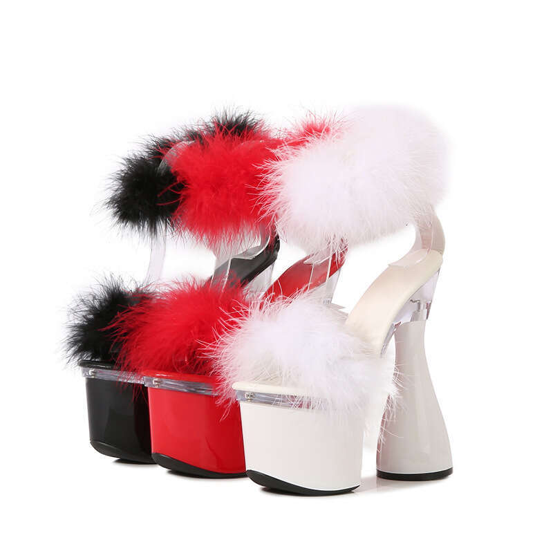 Super High Heels Transparent Super 17Cm Chunky Heel Summer Women's Waterproof Platform Furry Sexy Fairy Sandals High Heels Platform High Heels