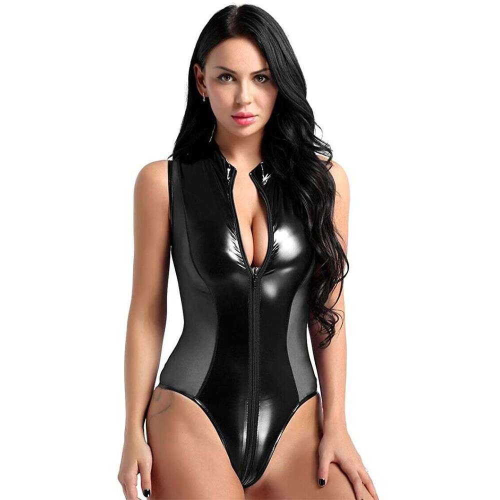 Spell Lingerie Porn Suits New Sexy Lingerie For Women Patent Leather Mesh One Piece Zipper Set Sexy Lingerie