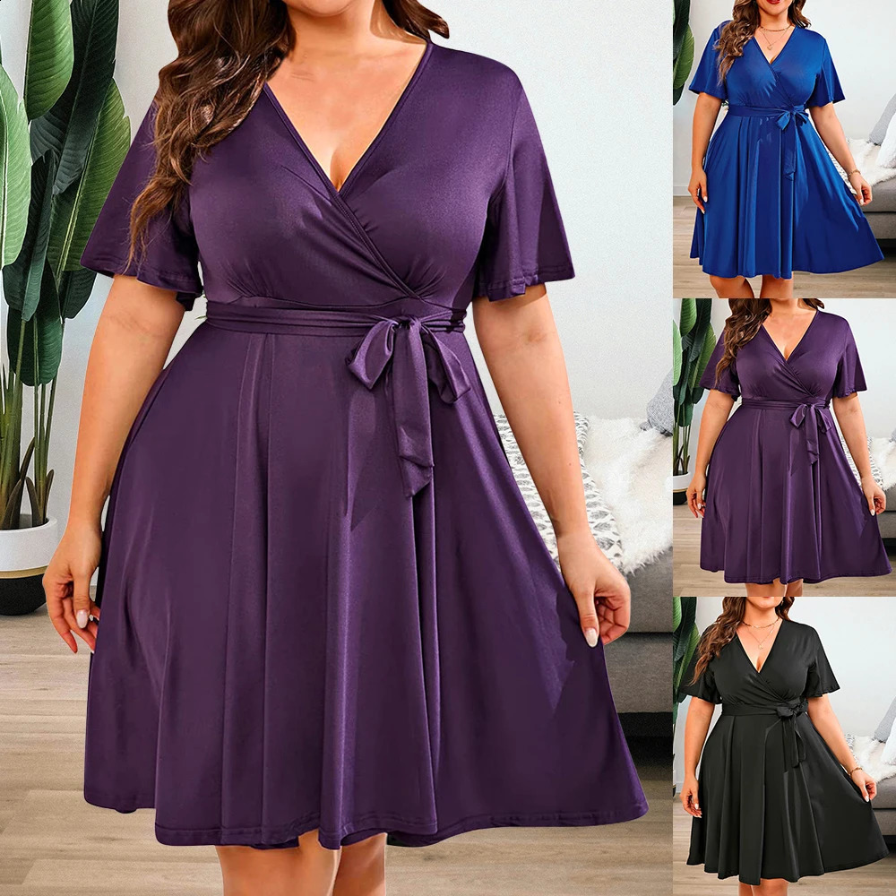 Women Summer Solid Short Sleeve VNeck ALine Dress Plus Size Ladies Jersey Casual Elegant Sundress Clothing 2024 250526
