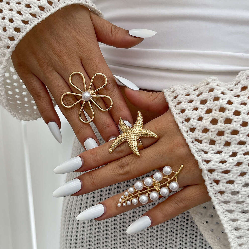 Jewelry Layered Irregular Alloy Rings INS Style Inlaid Pearl Branch Shape Ring Set