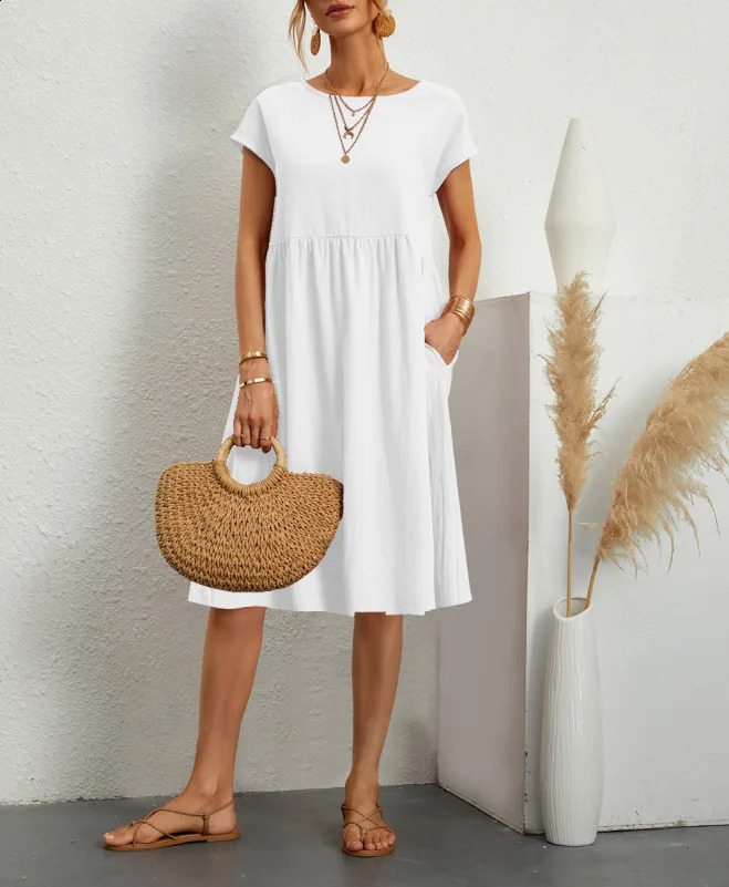 Cotton Linen Dress For Women Summer Casual Splicing Pocket Dresses Vestido Fashion Female Clothing Short Sleeve Loose Midi Dress 250529