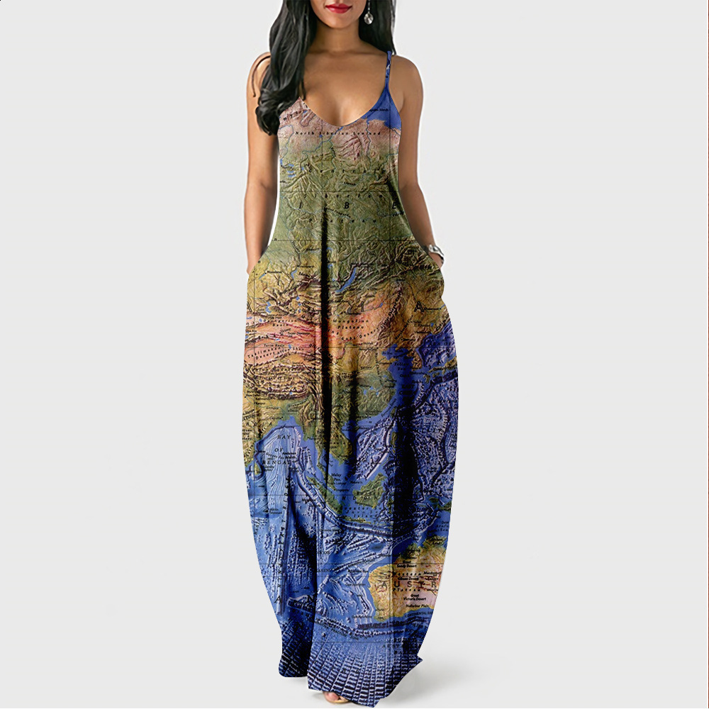 Plus size Dresses Fashion Summer Size Dress Casual Map Printing Sleeveless Lapel Shirt Maxi Long Dresse Wholesale Drop 230512