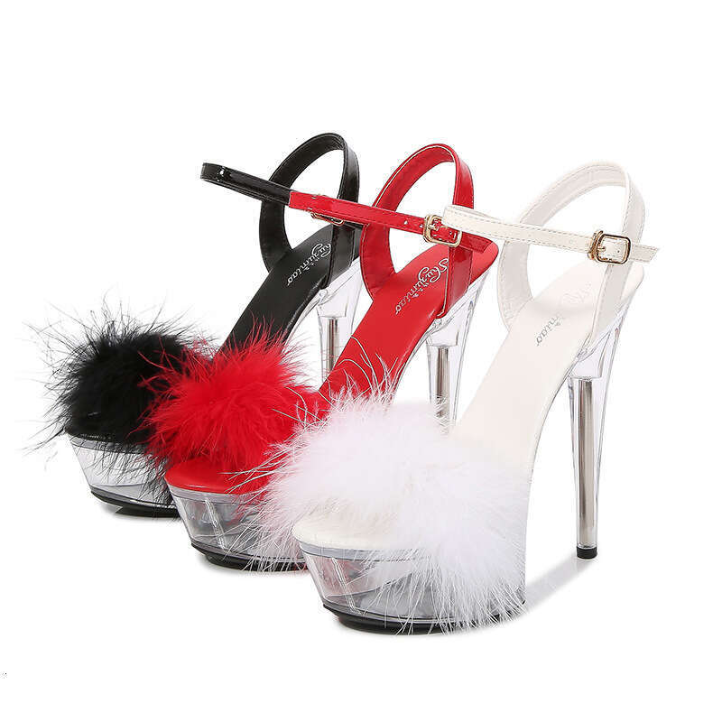 Super High Heels Transparent Crystal Women's Furry Nightclub Super High Sandals Waterproof Platform Catwalk Thin Heel 13Cm 15Cm Stage Shoes Platf