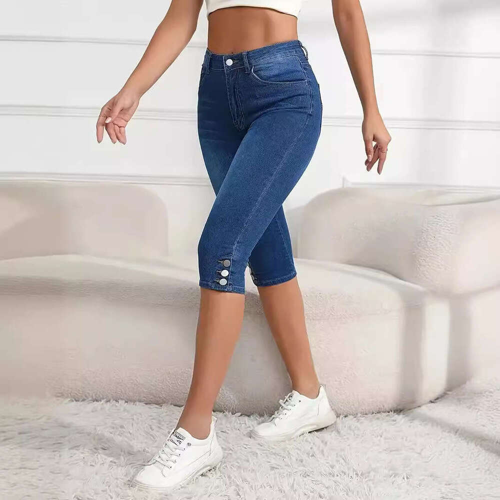 Denim Shorts Jeans Shorts Summer Jeans With Button Design Solid Color Stretchy Street Fashion High Waist Casual Tight Fitting Five Point Pants Ripped 