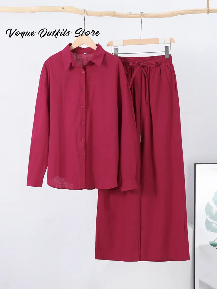 Casual Cotton Solid Women Pants Sets Lapel Single Breasted Loose Top Lace Up High Waist Wide Leg Pants 2025 Spring Lady Sets 250530