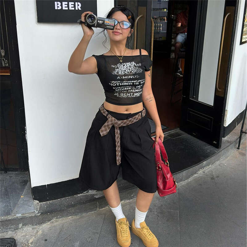 Summer New Women's Fashion Trendy Unique Versatile Letter Print Sheer Crop Top B5